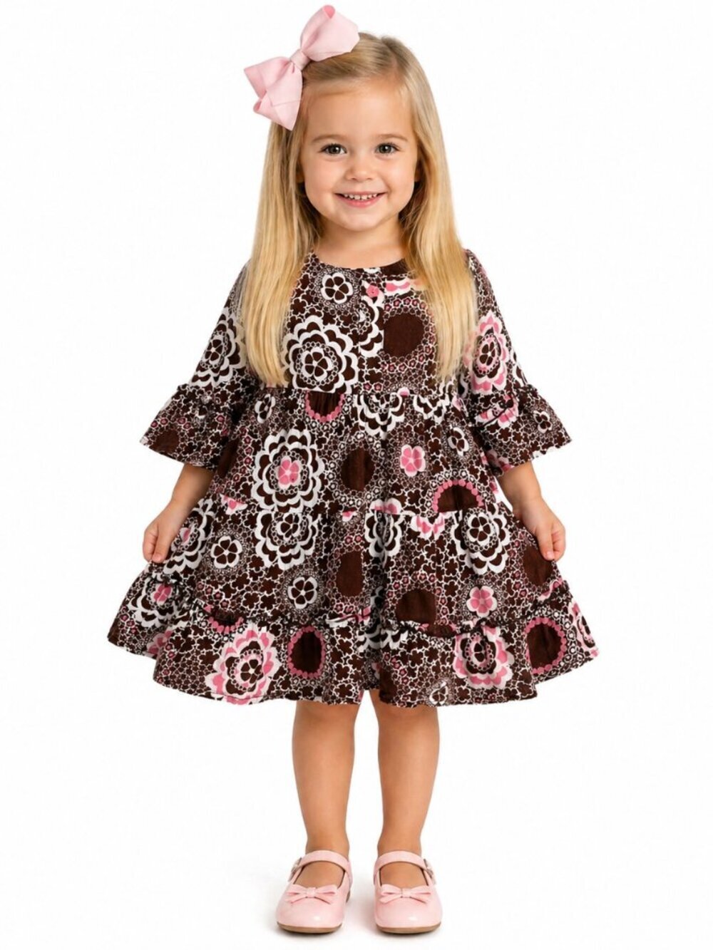 Maggie & Zoe Dress Size 12M Boho Floral Brown Pink Ruffles Toddler Dress